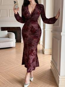 DAZY Vestido Elegante Sexy Ajustado com Estampa Floral e Decote em V para Mulheres - Vermelho - Visão 1