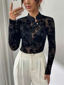 Firerie Women's Floral Mesh Button Design Long Sleeve Vintage Blouse - Black - View 2