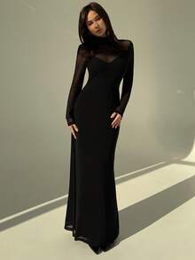 Aloruh 黑色性感网纱高领长袖修身连衣裙（女款） - 黑色 - 查看 6