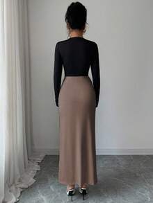 SHEIN Elenzya 女士优雅撞色串珠腰部长袖连衣裙，法式风格，显瘦，适合秋冬季穿着 - 棕色 - 查看 2