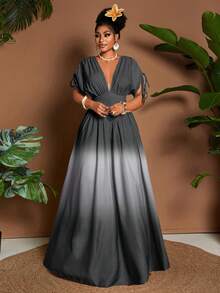 Eryvara Đầm maxi chữ A thắt nơ cổ chữ V họa tiết ombre lãng mạn thanh lịch dành cho nữ, thiết kế đa năng cho các buổi đi chơi, bãi biển, lễ hội âm nhạc, trang phục dự tiệc cưới tốt nghiệp cho khách mời, phong cách công sở thường ngày Boho, thắt nơ eo đàn hồi, du lịch nghỉ dưỡng, váy maxi chữ A mùa xuân/hè/thu - Xám - Xem 5