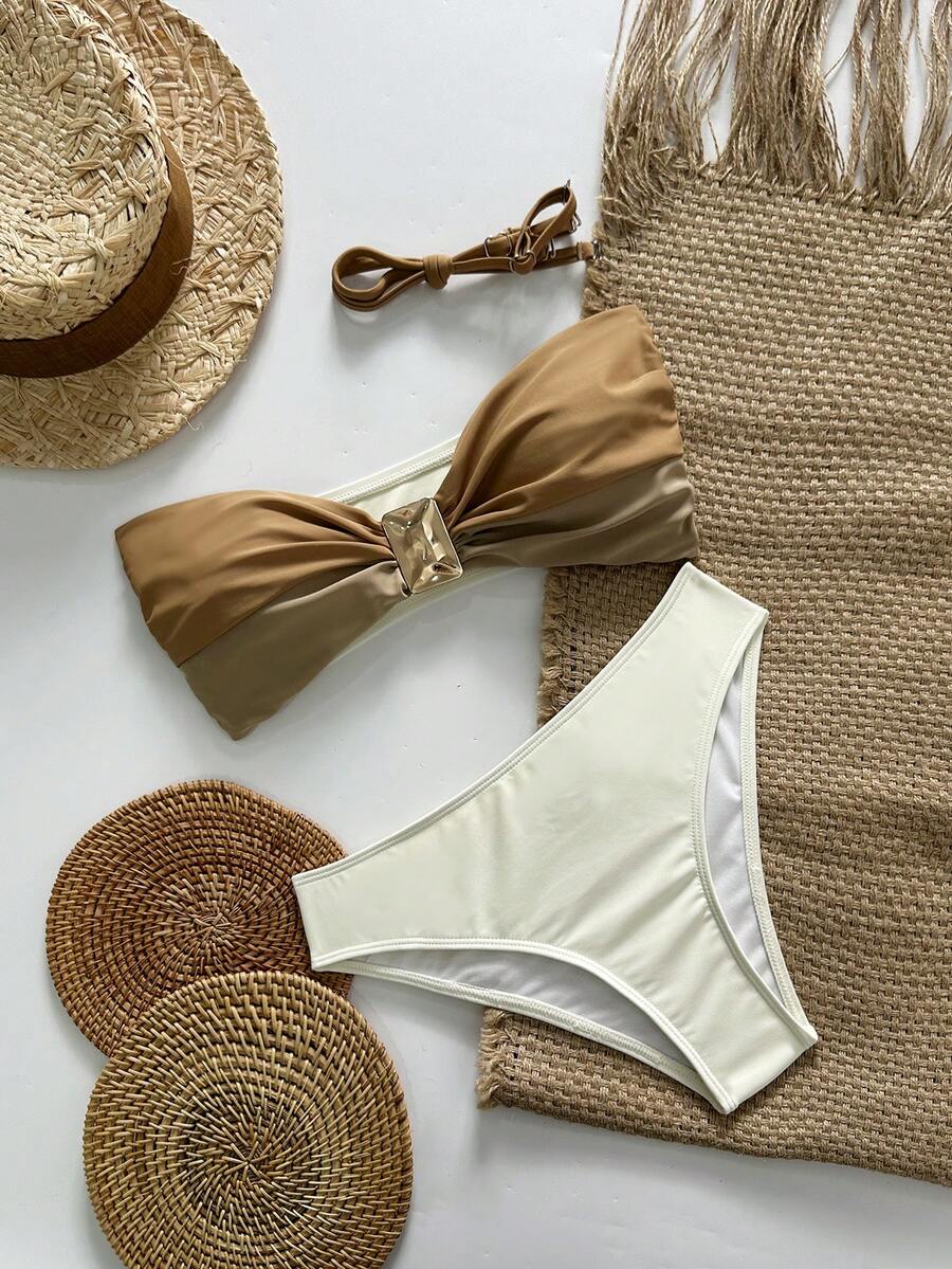 Swim Basics 2pcs/Set Women's Solid Color Sexy Bandeau Bikini Set, Spring/Summer - Multicolor - View 1