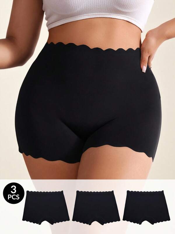 Snug Zone 3pcs Plus Size Solid Color Safety Shorts With Scallop Edge Detail