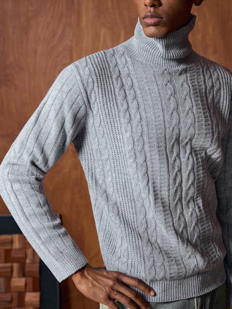 Men's Solid Color Turtleneck Raglan Sleeve Casual Cable Knit Sweater, For Winter