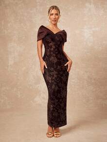 Lumalex 女士天鹅绒花卉刺绣修身开衩连衣裙 - 巧克力棕 - 查看 5