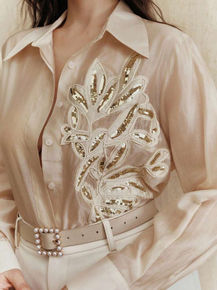 女性用エレガントな3Dスパンコールの刺繍通気性の軽量長袖シャツ