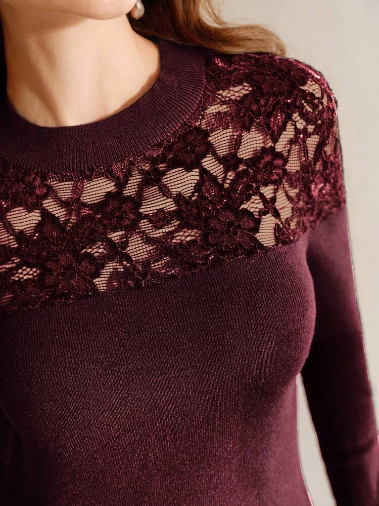 Elegant Fitted High Neck Lace Patchwork Hollow Out Purple Sweater For Women, Autumn/Winter