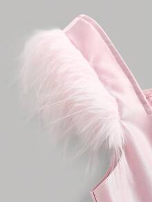 Pitira Teenage Girl Square Neck Furry Waist Rhinestone Decor Elegant Party Dress - Pink - View 6