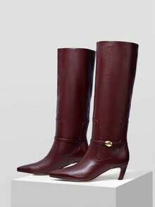 MOTF WOMEN'S FASHION PU LEATHER POINTED TOE KNEE-HIGH BOOTS FOR CHRISTMAS - Burgundy - View 4
