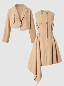 SHEIN Set de 2 piese: Trench elegant, casual, versatil, pentru fete, cu rochie fără mâneci - perfect pentru plimbări în aer liber, cumpărături, naveta și călătorii primăvara și toamna - Kaki - Vizualizare 6