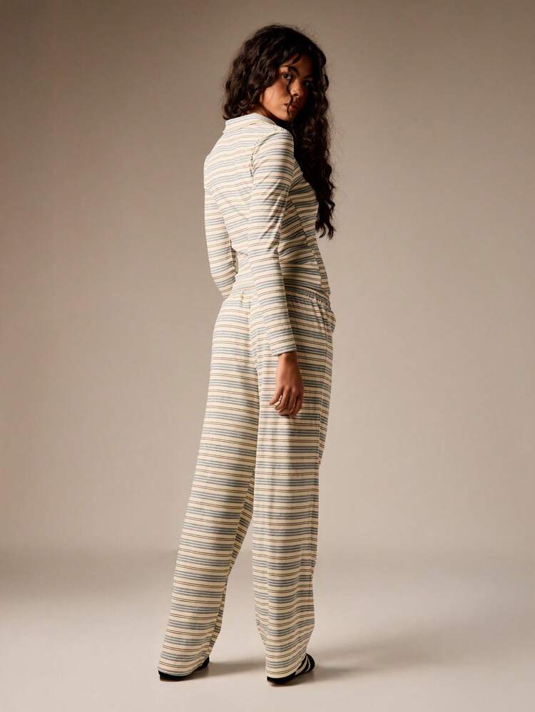 Striped Long Sleeve Polo With Wide Leg Pants