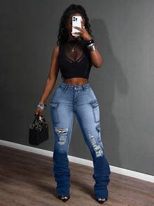 Slaydiva Plus Size Women Cowgirl Style Black Elastic Personalized Ripped Pocket Baggy Jeans, Spring - Dark Wash - View 3