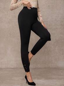 Amorya 女士休闲日常办公通勤纯色高腰撞色蕾丝打底裤 - 黑色 - 查看 7