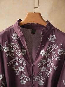 Elaquor Plus Size Women Floral Embroidery Frill Trim Button-Up Casual Shirt - Dusty Purple - View 3
