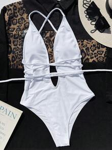 Swim Vcay Summer Beach Criss Cross One Piece Swimsuit - White - View 2