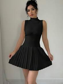 Selianne Solid Color Sleeveless Pleated Sweater Dress, Casual Daily Wear