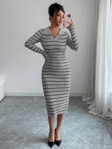 Elenzga 女装秋冬新款V领设计时尚优雅修身经典条纹针织长袖毛衣裙，百搭日常通勤 - 灰色 - 查看 4