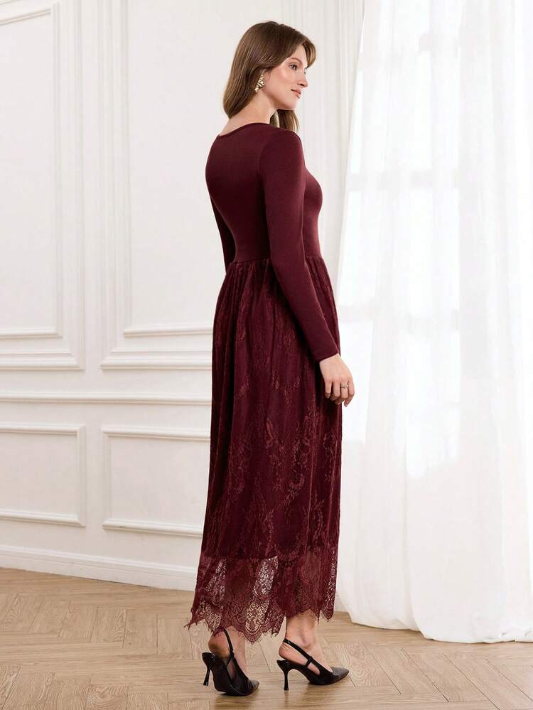 This Elegant Women's Dress Features A Rich Burgundy Color, Perfectly Matching The Festive Atmosphere Of The New Year And The Romantic Style Of Valentine's Day. The Floral Pattern Is A Subtle Lace Design In The Same Burgundy, Exuding A Sophisticated And Luxurious Feel. The Round Neck And Long Sleeves, Along With The Gold-Buttoned Waist, Flatter The Figure And Accentuate The Elegant Curves, While The Lace Skirt Adds A Touch Of Gentle Grace. Suitable For Autumn And Winter, It Can Be Layered With A Coat For Both Warmth And Style. Perfect For Occasions Such As New Year's Family Gatherings And Valentine's Day Dates, This Dress Combines The Vibrancy Of Burgundy With The Sophistication Of Lace To Showcase Fashionable Taste. It Is An Excellent Choice For Both New Year's And Valentine's Day Wardrobes, Offering A Perfect Blend Of Formality And Femininity.