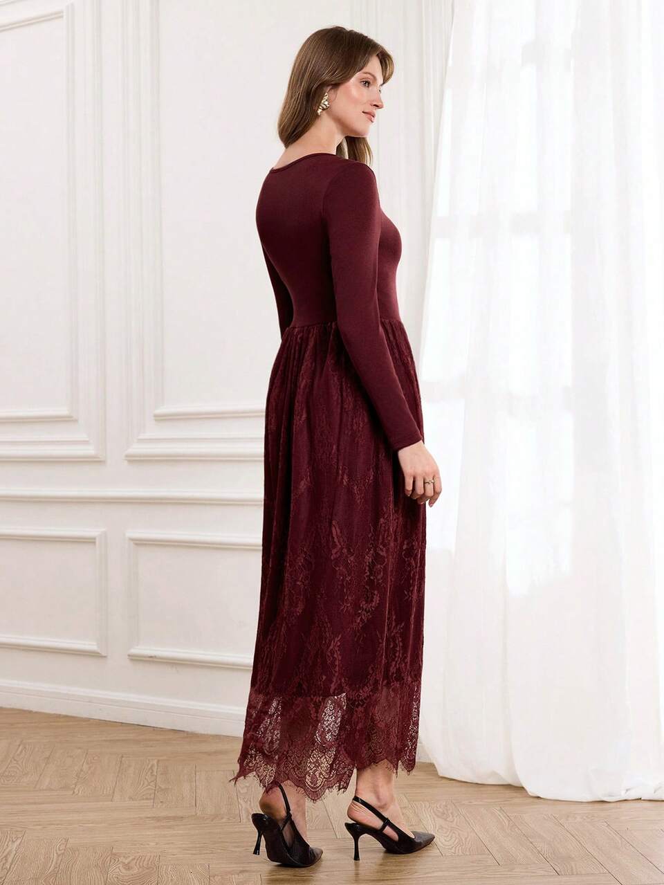 Elegant Women's Burgundy Lace Floral Dress,Long Sleeve Round Neck Gold-Buttoned Waist Skirt For Autumn,Dining,New Year & Valentine's Day Wardrobe
