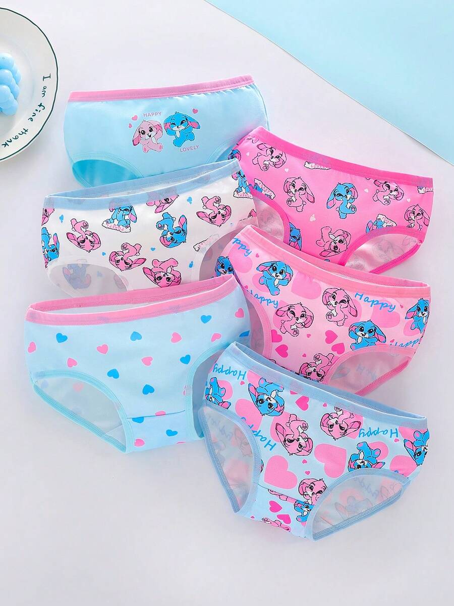 6条/套 女孩兔子印花甜美时尚粉蓝柔软纯棉三角内裤 - 彩色 - 查看 1