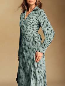Écloséra Vintage French Style Casual Asymmetric Polka Dot Print V-Neck Tie Waist Side Slit Black Dress, Women Spring/Autumn - Green - View 5