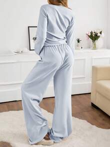 EURMUSE 女士两件套罗纹针织圆领长袖上衣和裤子家居服舒适休闲套装