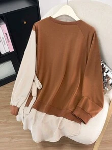 Lacomfia 秋冬休闲圆领拼接系带腰带罗纹拼接加大码女式卫衣 - 彩色 - 查看 2