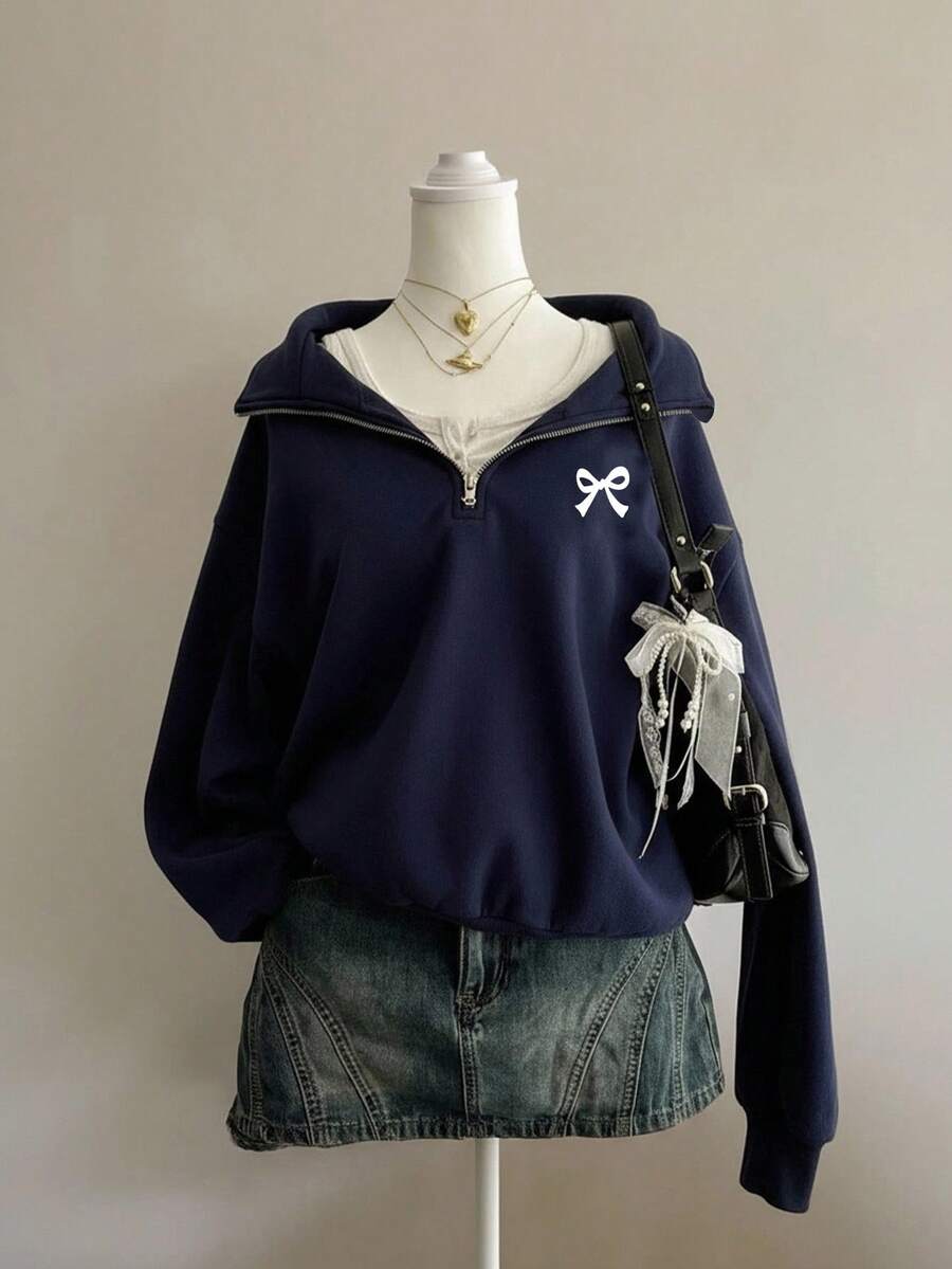 SHEIN ChillGRL Teen Girls Zip-Up Sweatshirt With Bow Print, Comfortable Navy Blue Sweatshirt, Suitable For Autumn/Winter Wear - Navy Blue - View 1