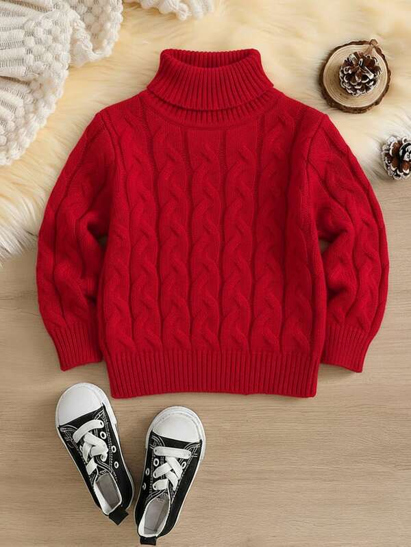 SHEIN Baby/Toddler High Neck Vintage Textured Knit Sweater, Comfortable Casual Loose Fit For School, Home, Outings, Autumn/Winter Christmas