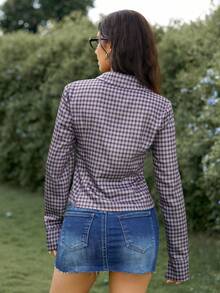 Chiquease Chemise décontractée à manches longues, taille unique, à boutonnage simple avec volants à carreaux pour femmes - Multicolore - Voir 2