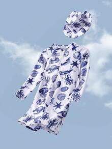 SHEIN 2件套男童休闲可爱新颖沙滩贝壳印花长袖泳衣和泳帽，适合春夏度假、户外、旅行、海滩、泳池、派对等场合。 - 藍色 - 查看 3