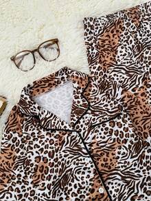 2pcs Girls Leopard Print Lapel Long Sleeve Cardigan+Pants Pajama Set,White Autumn Casual Sleep Loungewear,Winter Animal Print Brown Pj Set - Brown - View 4