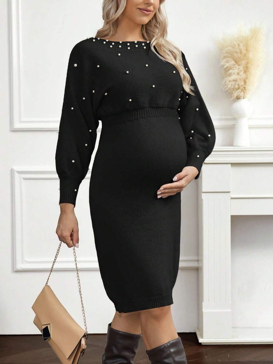 Cheriluna Maternity Pearl Decor 休闲舒适长袖孕妇毛衣连衣裙 - 黑色 - 查看 1