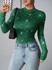 Chiquease Stylish Green Knitted Bodysuit For Women Long Sleeve Stand Collar With Sparkle Effect Casual Top - Green - View 6
