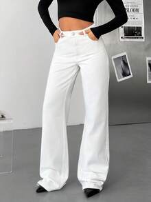 SHEIN Tall Höga raka jeans med hög midja och detaljer baktill - Vitt - Visa 2
