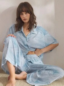 Ocili Leisure Comfy Striped Print Lapel Short Sleeve Top & Pants Women Pajama Set, Chic Autumn Slumber, Fall Winter Clothes Light Blue Pj Set - Khaki - View 2