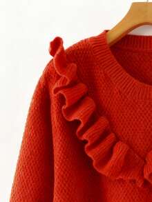 SHEIN Clasi 大码休闲纯色荷叶边下摆套头毛衣，秋冬款 - 紅色 - 查看 4