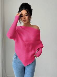 Elenzga Áo len dệt kim cổ tròn tay cánh dơi không đều dành cho nữ, thanh lịch, đa năng cho kỳ nghỉ và ngày lễ, mùa xuân/thu/đông - Màu Hồng Tươi - Xem 6