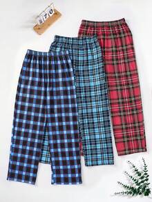 SHEIN 三条装青少年男童经典格子直筒休闲睡裤，春秋季穿着舒适 - 彩色 - 查看 1