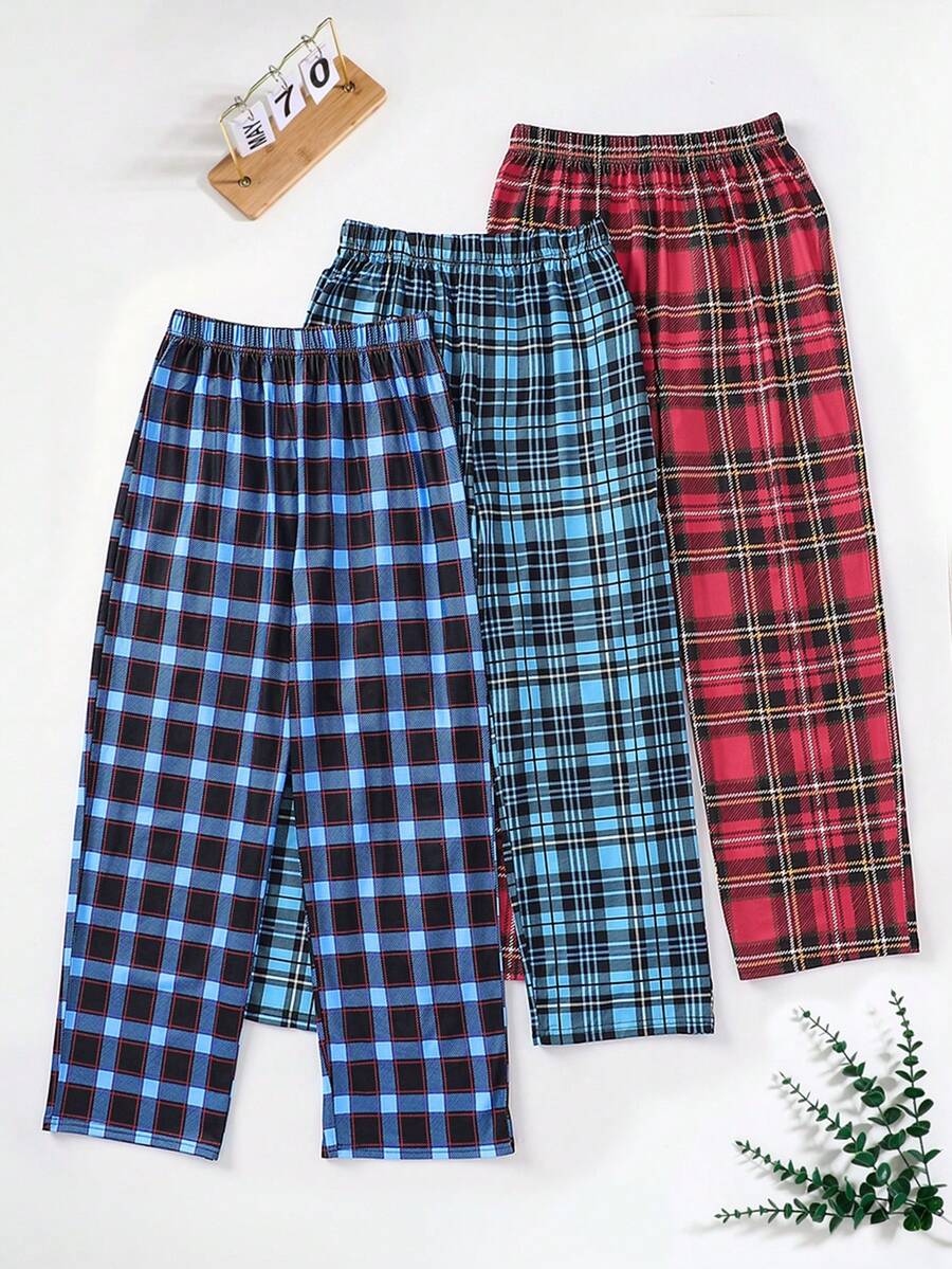 SHEIN 三条装青少年男童经典格子直筒休闲睡裤，春秋季穿着舒适 - 彩色 - 查看 1