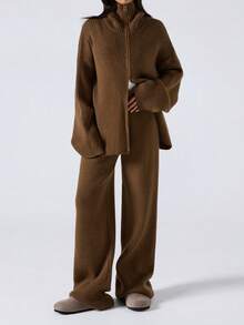 LYSMO 2025 New Arrive Minimalism Winter Women's Brown Solid Color Minimalist Long Sleeve Sweater And Pants 2-Piece Set, Casual Everyday Wear Winter Clothes For Women New Year Look And Christmas Outfit For Women Brown Sweater Stylish Clothing Collection  Thanksgiving Outfit For Women - Coffee Brown - View 5