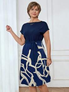 Medorina 女士休闲印花拼接连衣裙，适合夏季，商务休闲女装，春夏休闲穿搭 - 藍色 - 查看 5