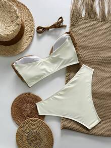 Swim Basics 2pcs/Set Women's Solid Color Sexy Bandeau Bikini Set, Spring/Summer - Multicolor - View 5