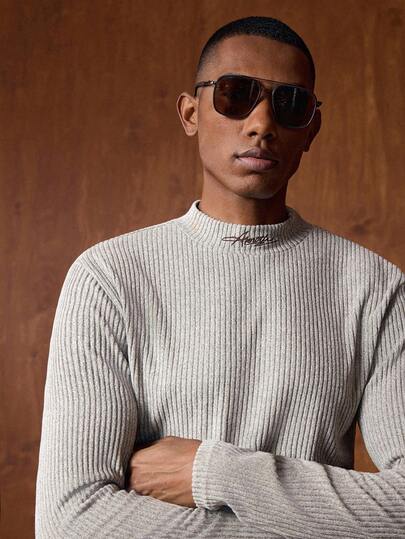 AKNOTIC 纯色立领休闲罗纹长袖T恤