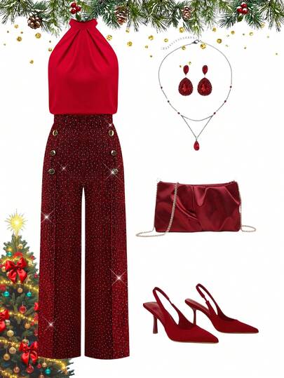 Ellevyn Conjunto de vestido de fiesta de Año Nuevo para mujer, conjunto de ropa navideña roja, top y pantalones de 2 piezas, tela elástica versátil, traje de vestido de fiesta