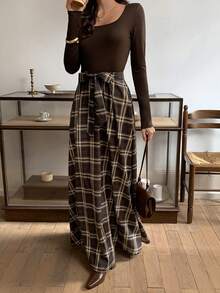 Elyressa Women's Fashion French Square Collar Elegant Urban Commute Long Sleeve Knit Patchwork Plaid Back-To-School Christmas Halloween Holiday Casual Daily Elegant Dress, Autumn/Winter, All Season