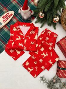 2pcs/Set Girls Christmas Snowflake Print Lapel Long Sleeve Top+Pants Pajama Set,Red Autumn Cute Graphic Lounge Kids Sleepwear For Casual Loungewear - Red - View 5