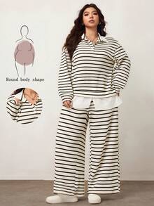 Enliva Plus Size Women Contrast Stripe Pullover Sweatshirt And Elastic Waist Pants Set, Compatible With Apple Rounded Body Shape/2026 /New Year - Multicolor - View 1