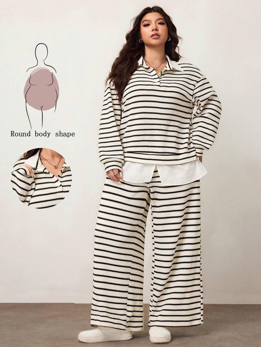 Enliva Plus Size Women Contrast Stripe Pullover Sweatshirt And Elastic Waist Pants Set, Compatible With Apple Rounded Body Shape/2026 /New Year - Multicolor - View 1