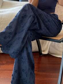 DAZY Women's Romantic 3D Floral Jacquard Pajama Pants - Navy Blue - View 1